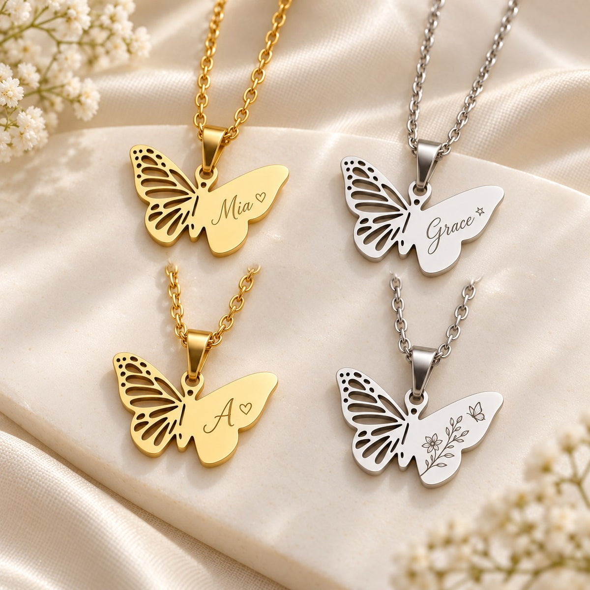 Engraved butterfly necklace in silver and gold