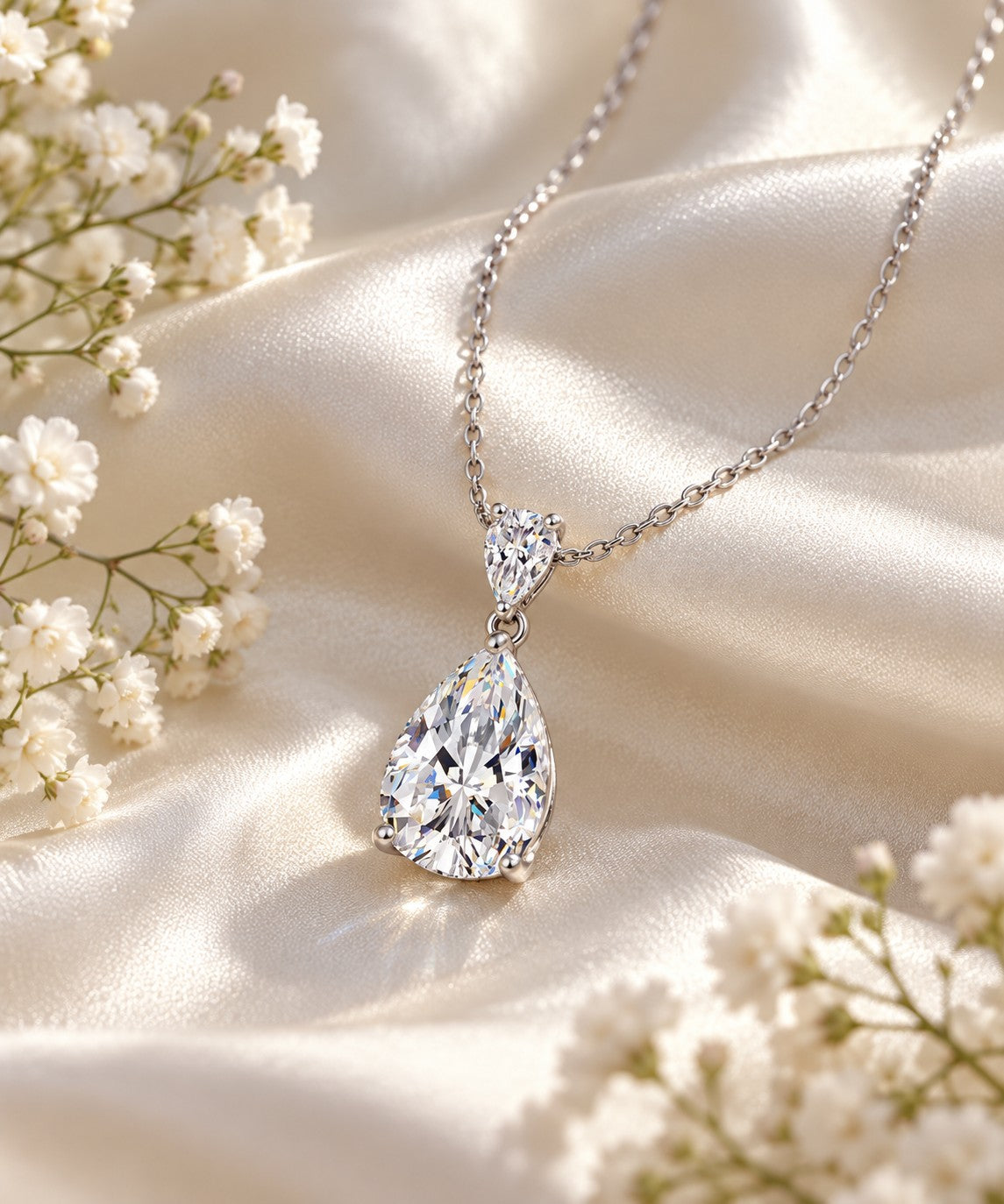 Sterling silver pear-shaped pendant with a simulated clear stone on white satin with baby's breath