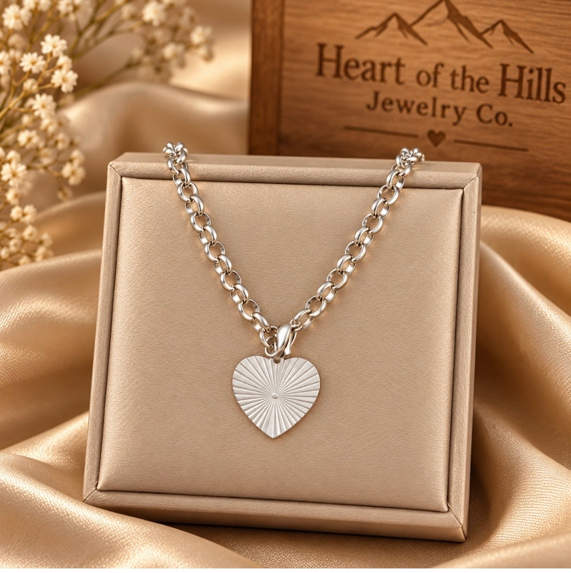 Silver sunburst heart pendant necklace on a rolo link chain
