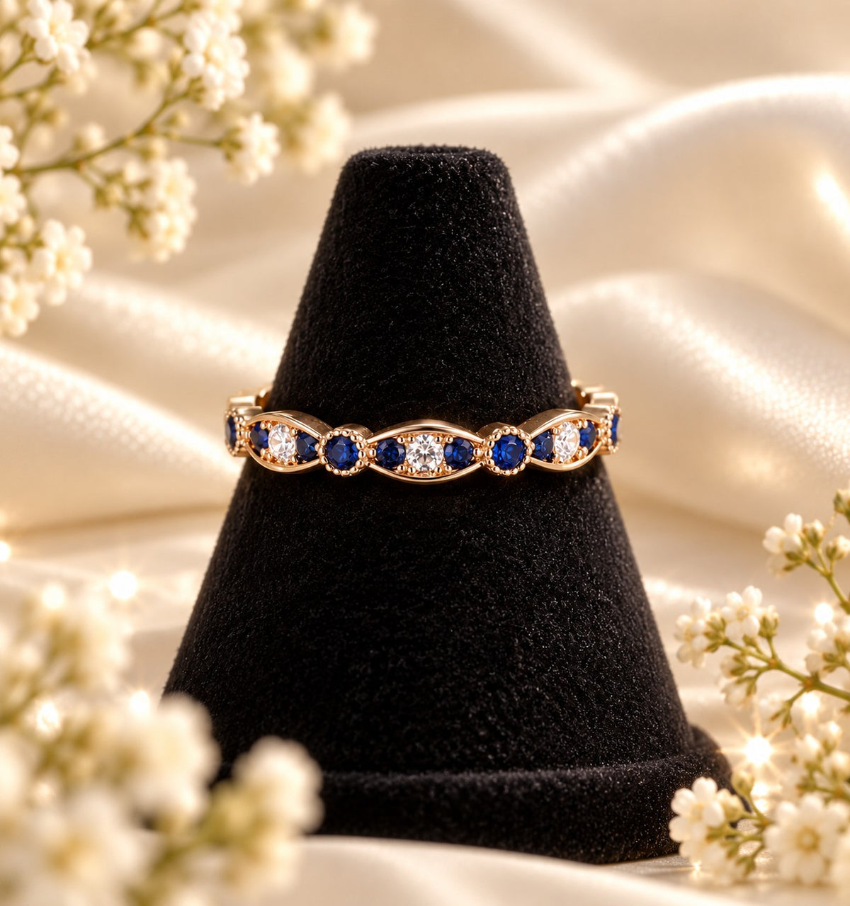 Twilight Hollow Blue Stacking Band displayed on a black velvet ring cone