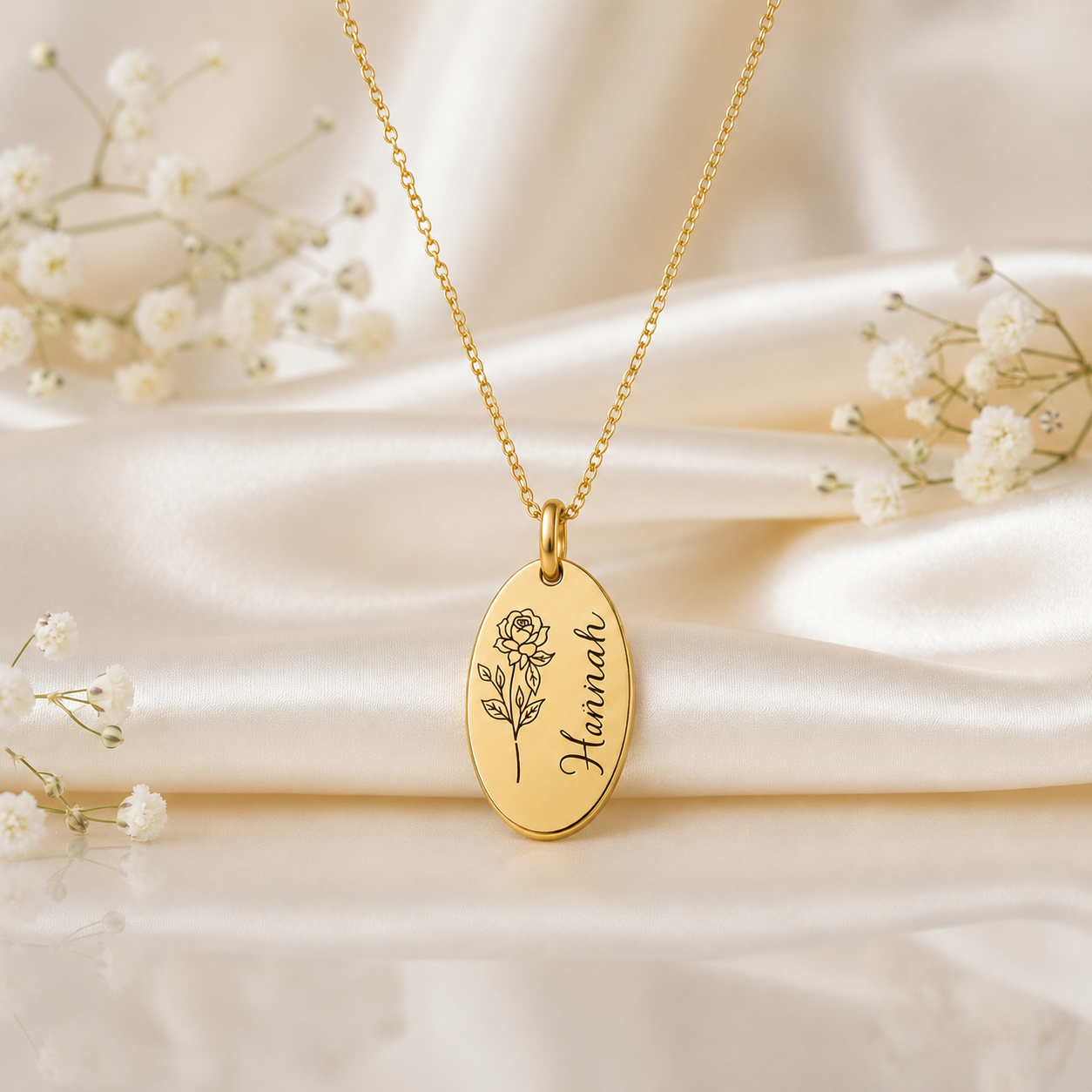 Personalized Birth Flower Oval Necklace