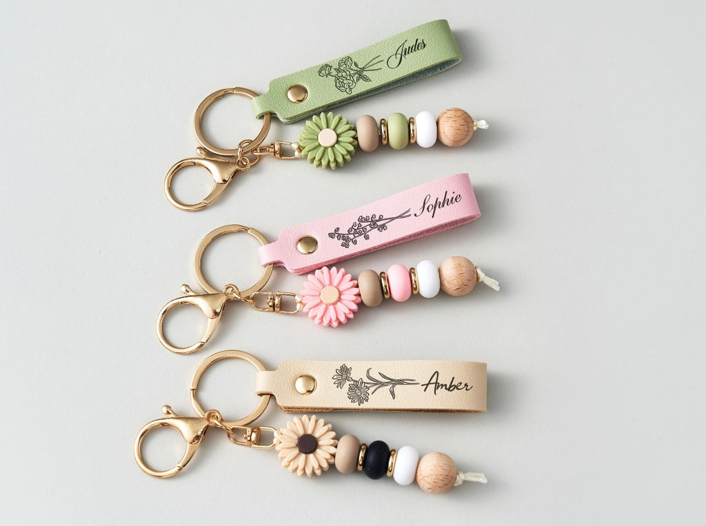 Custom Birth Flower & Birthstone Keychain – Personalized Name Tag