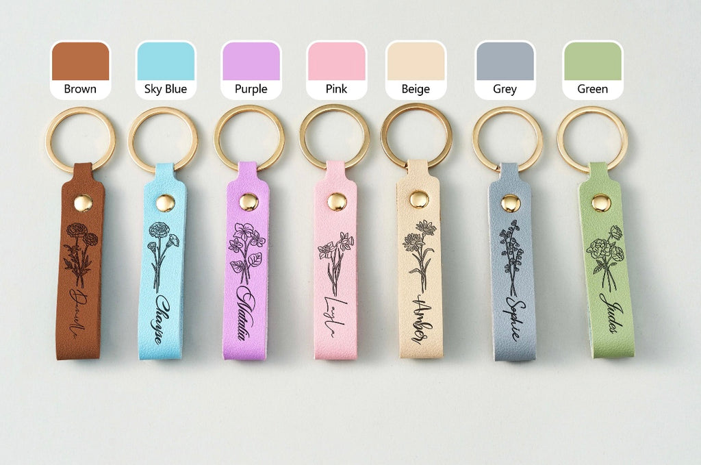 Custom Birth Flower & Birthstone Keychain – Personalized Name Tag