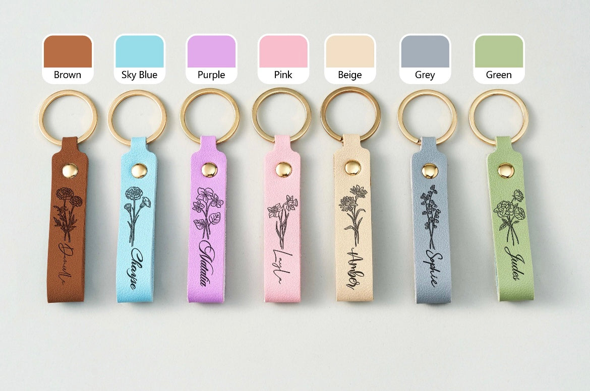 Custom Birth Flower & Birthstone Keychain – Personalized Name Tag