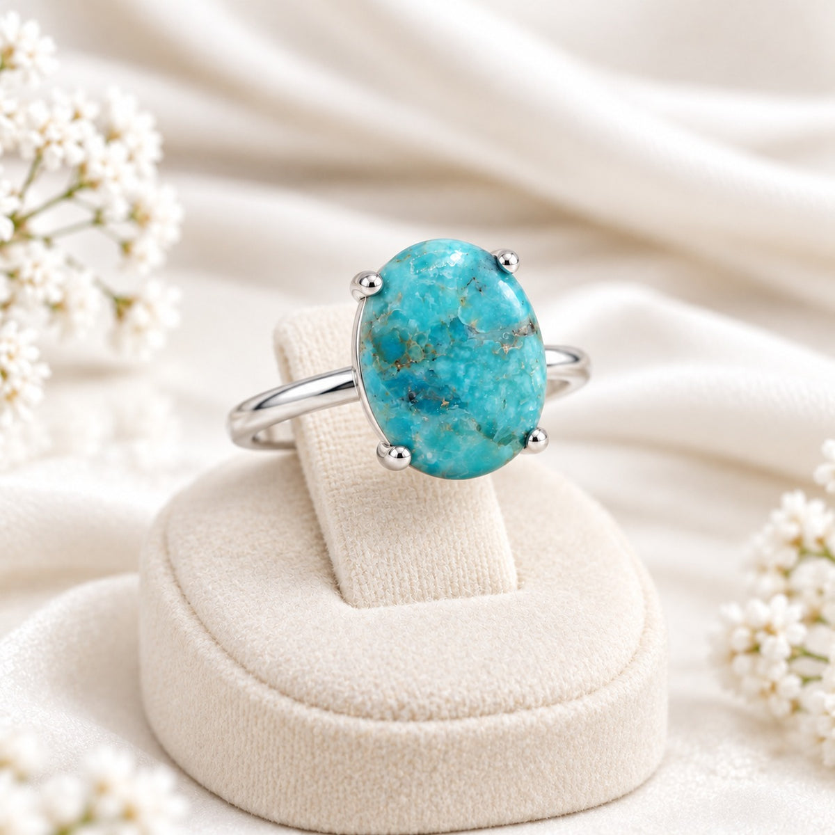 Desert Sky Ring oval turquoise-style stone sterling silver, on ring stand