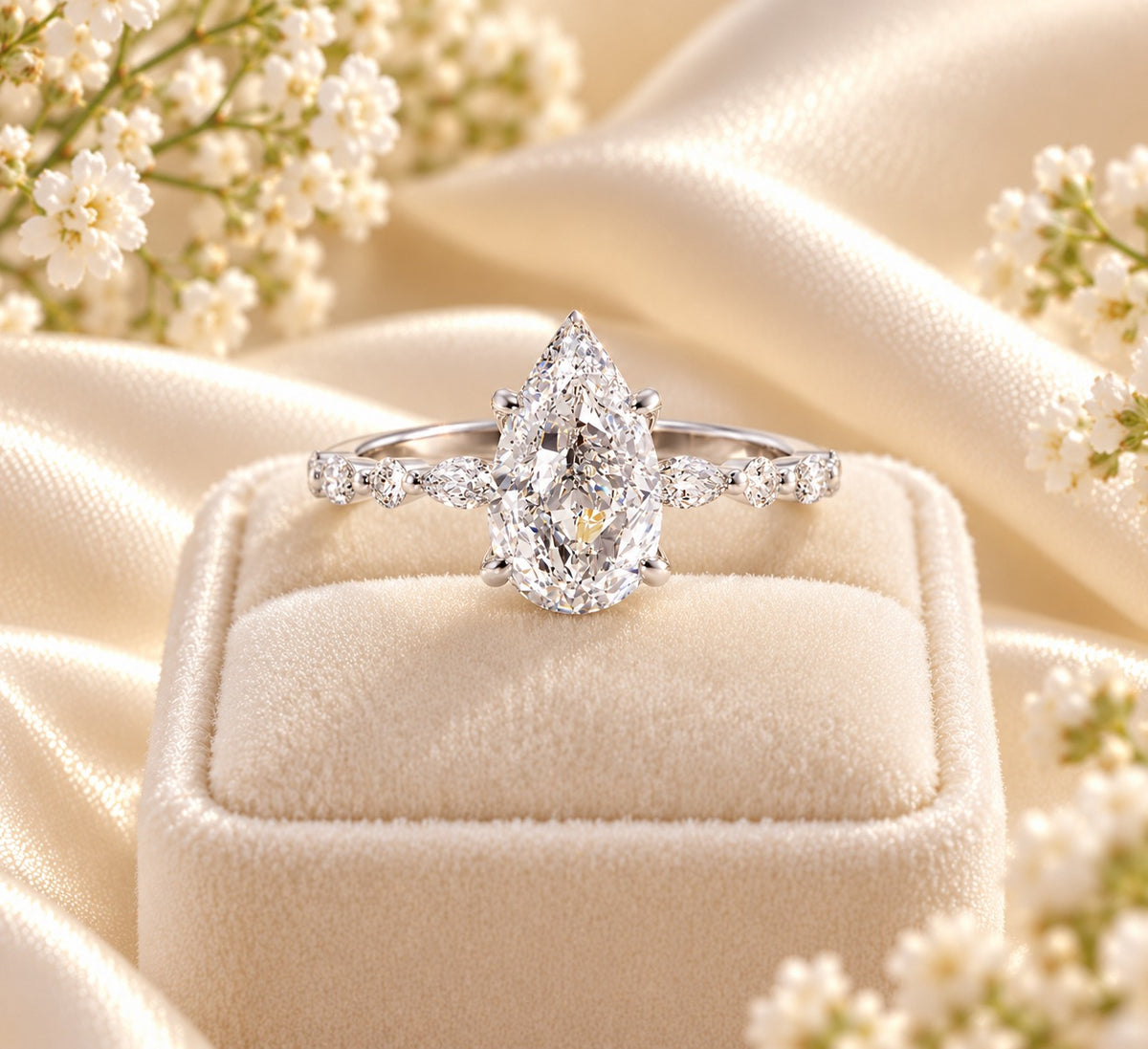 Dewdrop Pear Engagement Ring displayed in a cream velvet ring box