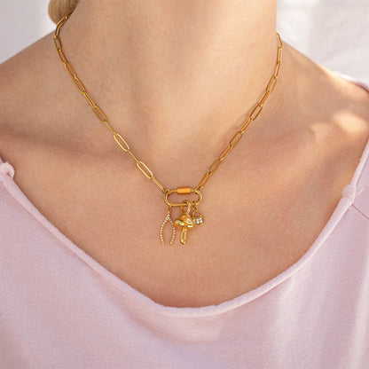 18K Gold PVD Paperclip Carabiner Necklace: Gold / 16+2"