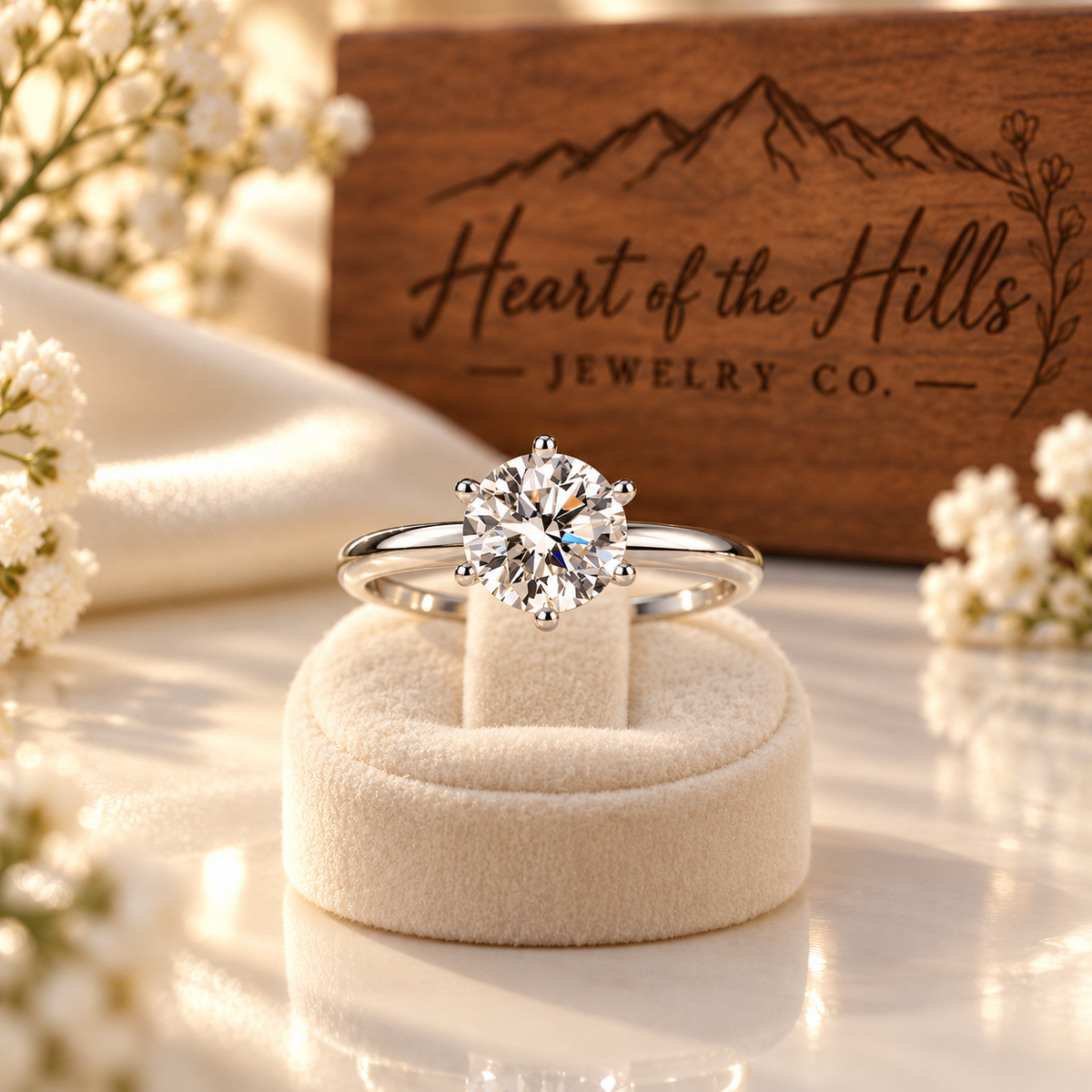 Everlight Moissanite Solitaire Ring on ring stand