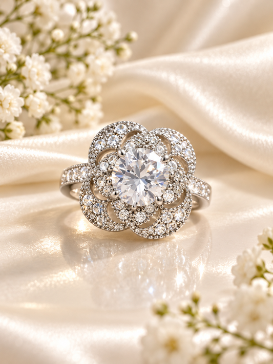 Blooming Halo Flower Ring in 925 sterling silver