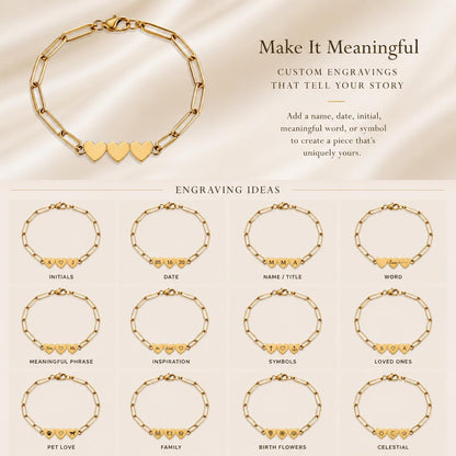Stainless Steel Engravable 3 Heart Paperclip Bracelet