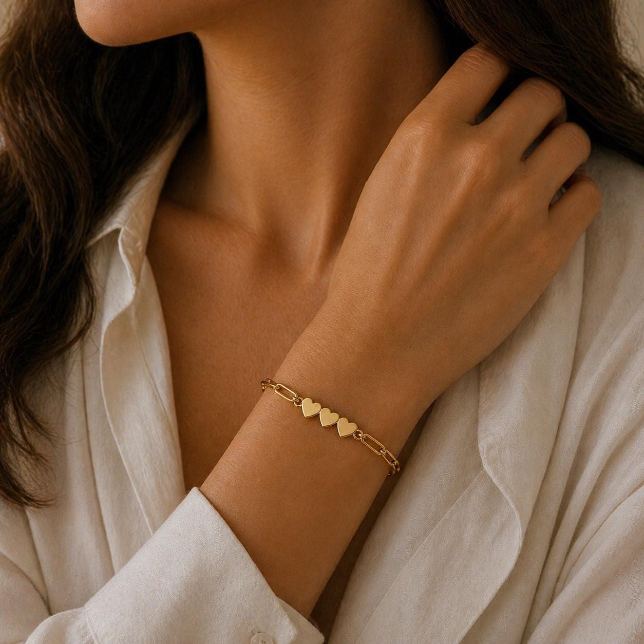 Stainless Steel Engravable 3 Heart Paperclip Bracelet