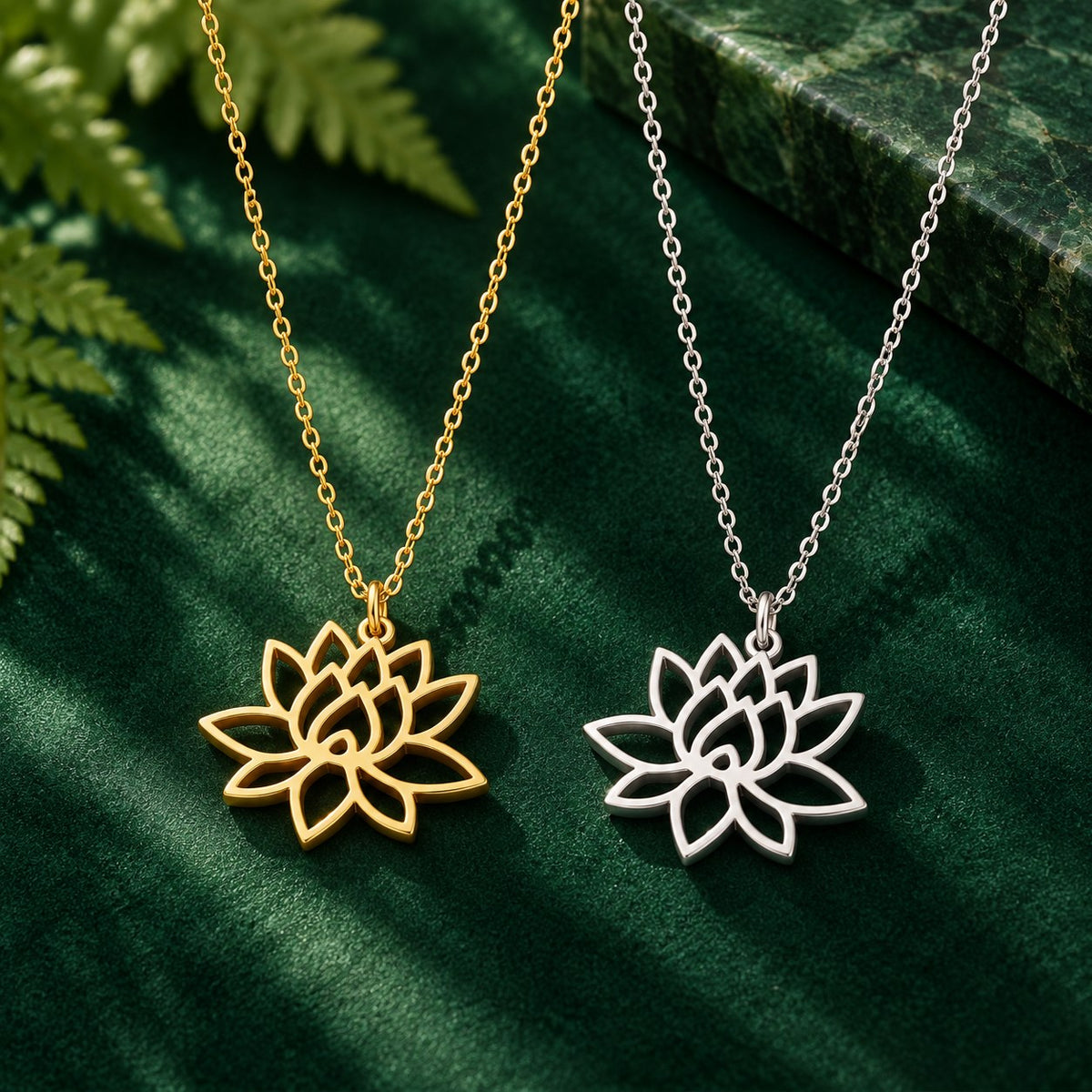 Lotus flower pendant necklace in silver and gold