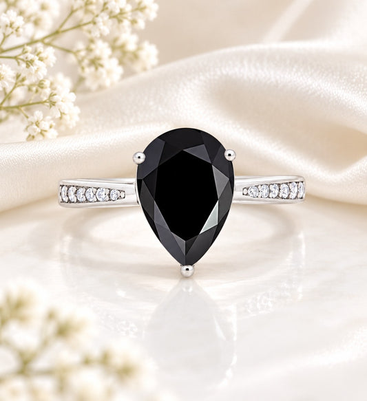 Midnight Teardrop Ring in sterling silver with black teardrop stone