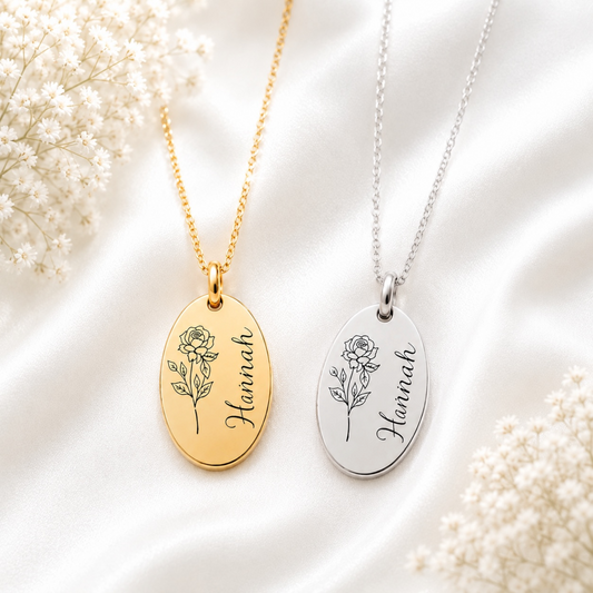 Personalized Oval Birth Flower Necklace in gold and silver