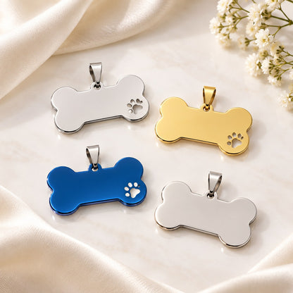 Bone pet ID tags in silver, gold, and blue