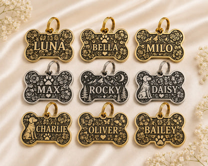 Engraved bone pet tags with designs