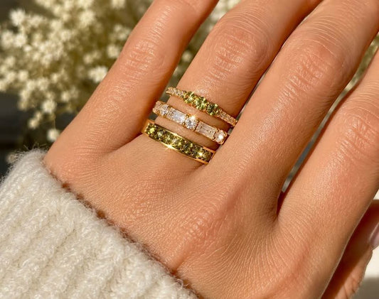 Gold-plated stackable peridot and cubic zirconia ring set