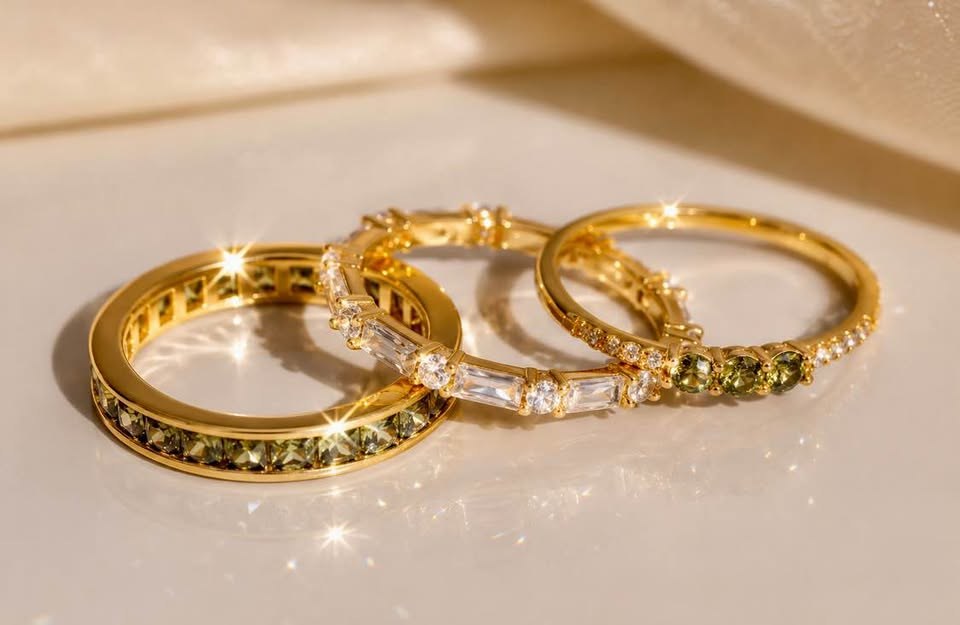 Three stackable gold-plated rings with peridot and cubic zirconia