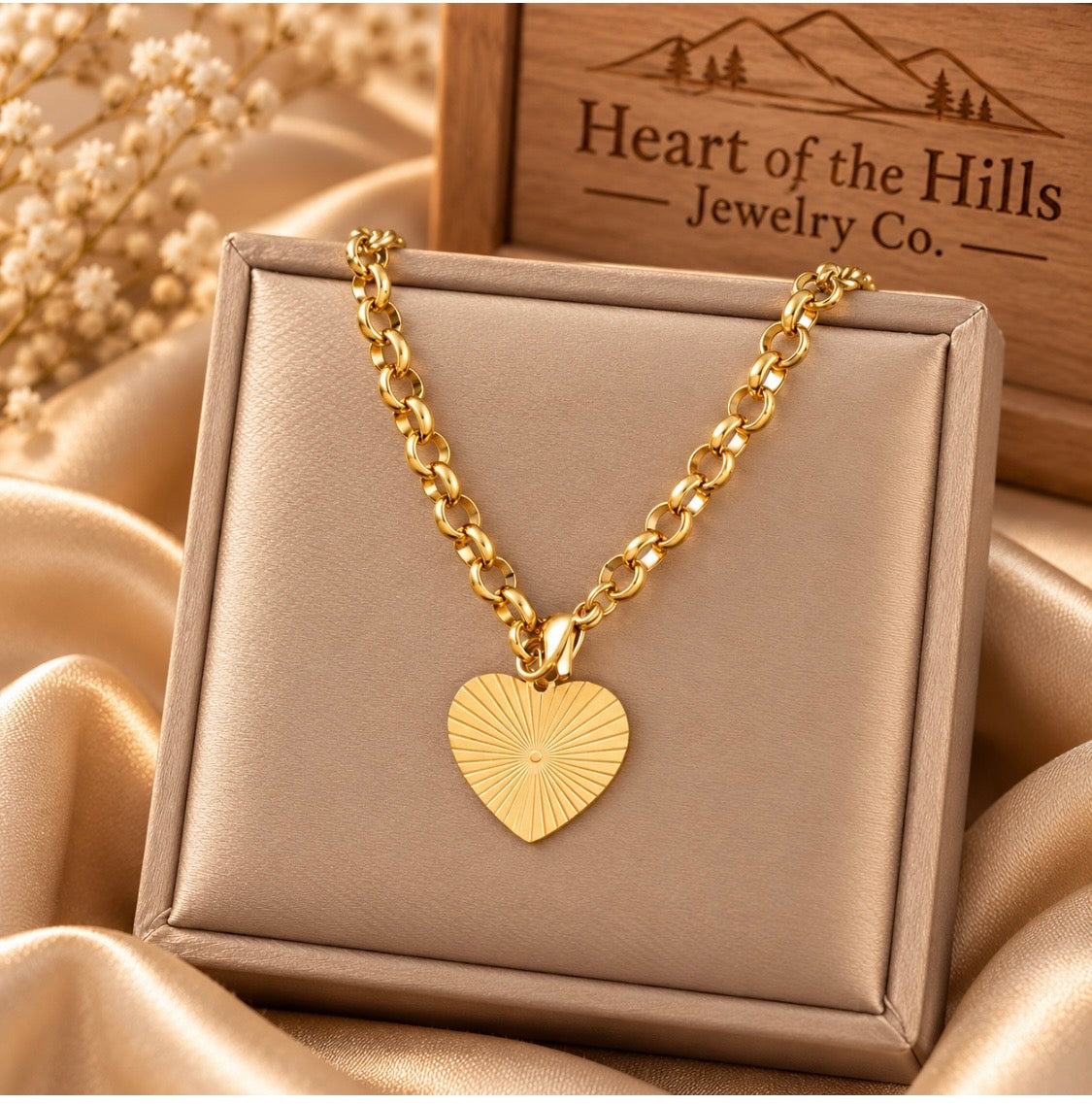Gold sunburst heart pendant necklace on a rolo link chain