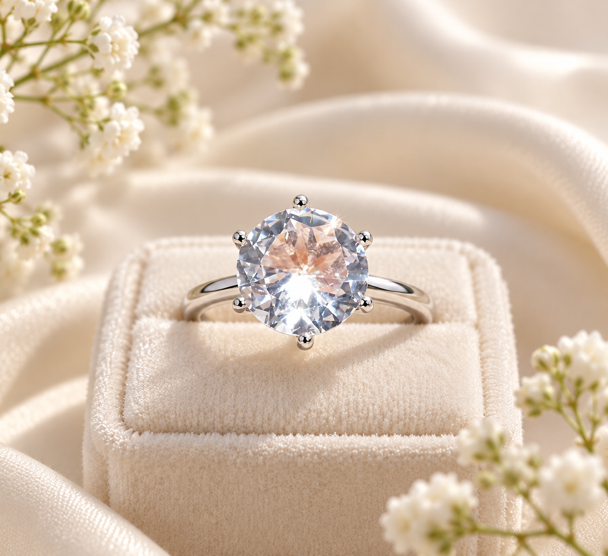 Timeless Brilliance Moissanite Solitaire Ring with baby's breath